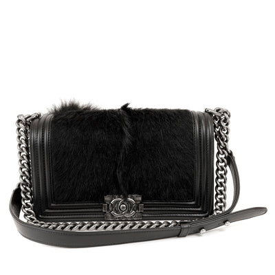 Chanel Black Fox Fur Boy Bag with Ruthenium Hardware
