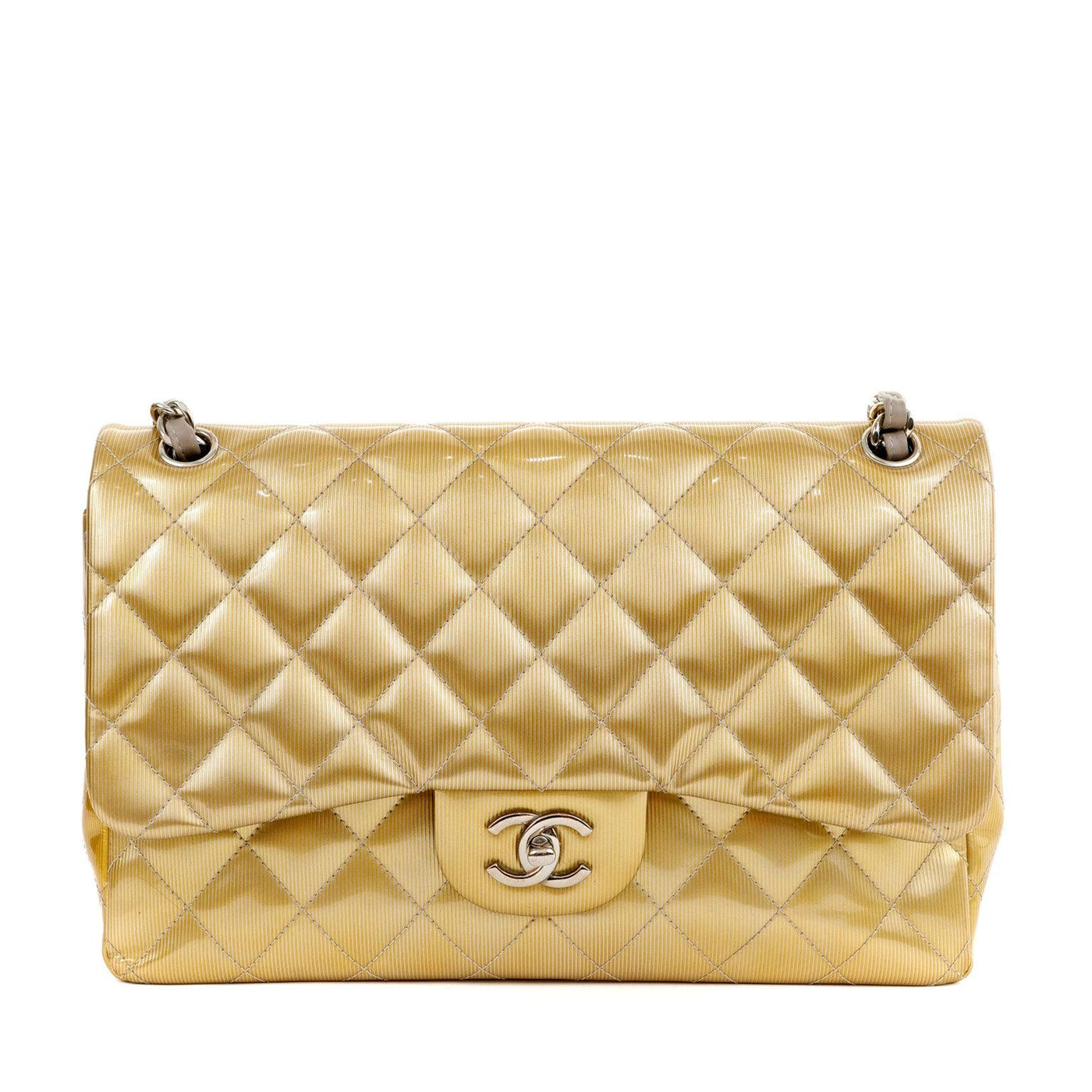 Chanel Gold Patent Leather Runway Jumbo Classic with Silver Hardware - Only Authentics