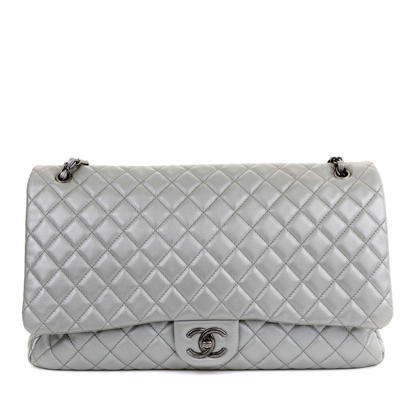Chanel Silver Caviar XXL Travel Classic Flap with  Ruthenium Hardware - Only Authentics