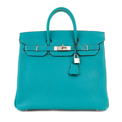 The "Hermès 32cm HAC Turquoise Chèvre Birkin" is a handbag from the luxury brand Hermès