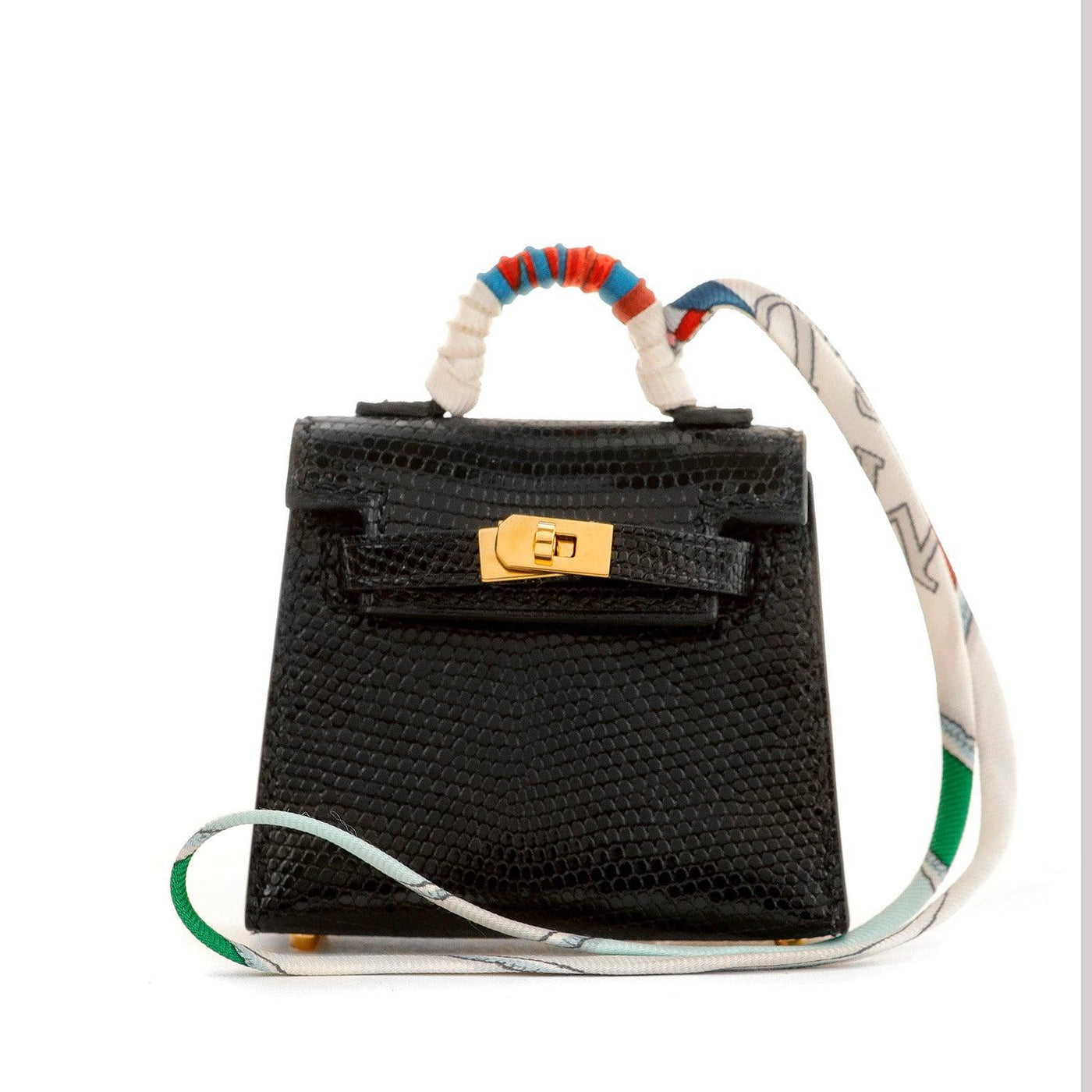Hermès Mini Black Lizard Micro Kelly Bag Charm with Twilly - Only Authentics