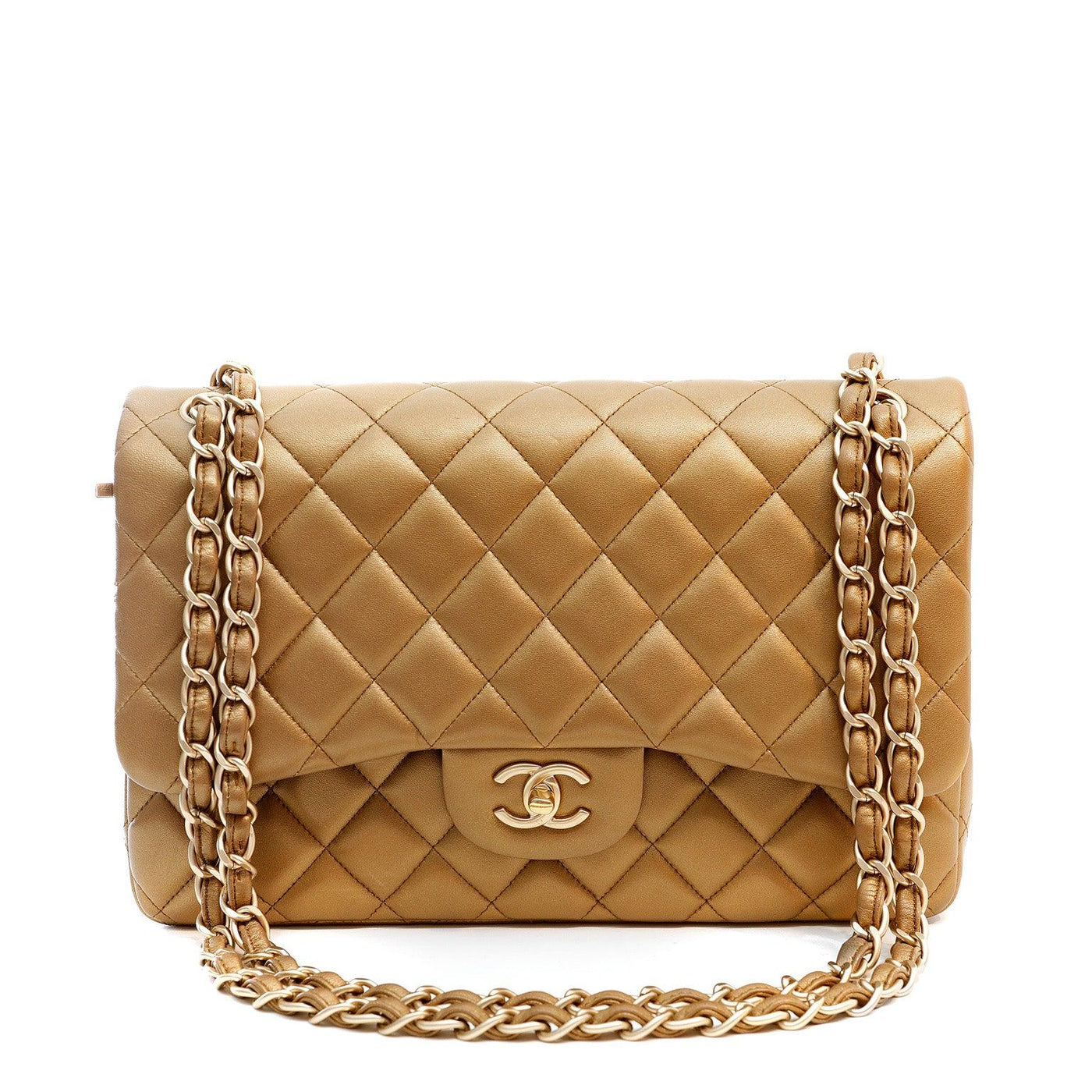 Shop the stunning Chanel Metallic Bronze Lambskin Jumbo Classic Flap Bag   Only Authentics