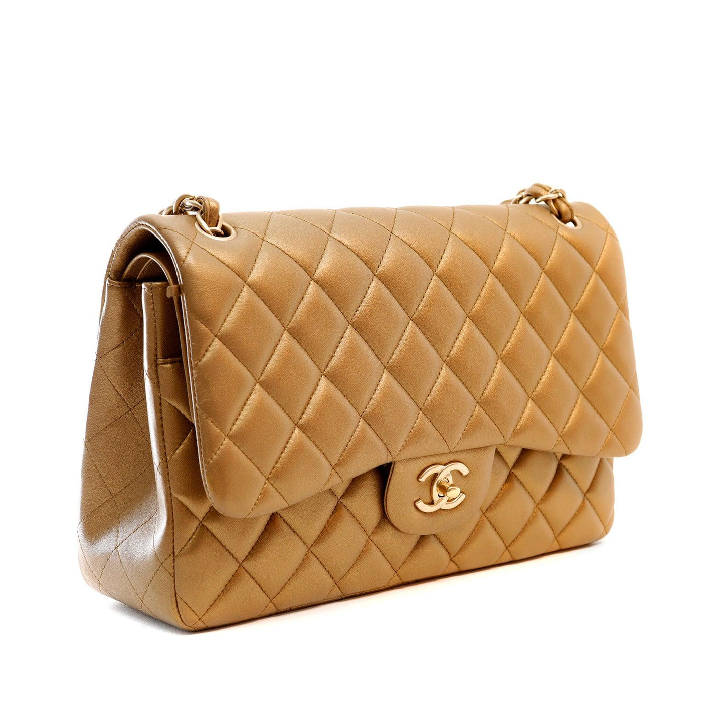 Shop the stunning Chanel Metallic Bronze Lambskin Jumbo Classic Flap Bag – Only  Authentics