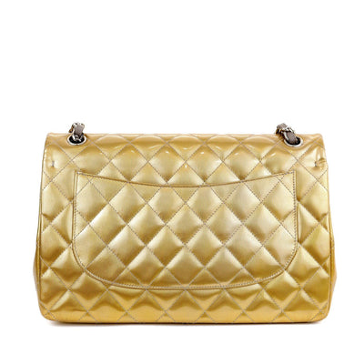 Chanel Gold Patent Leather Runway Jumbo Classic with Silver Hardware - Only Authentics
