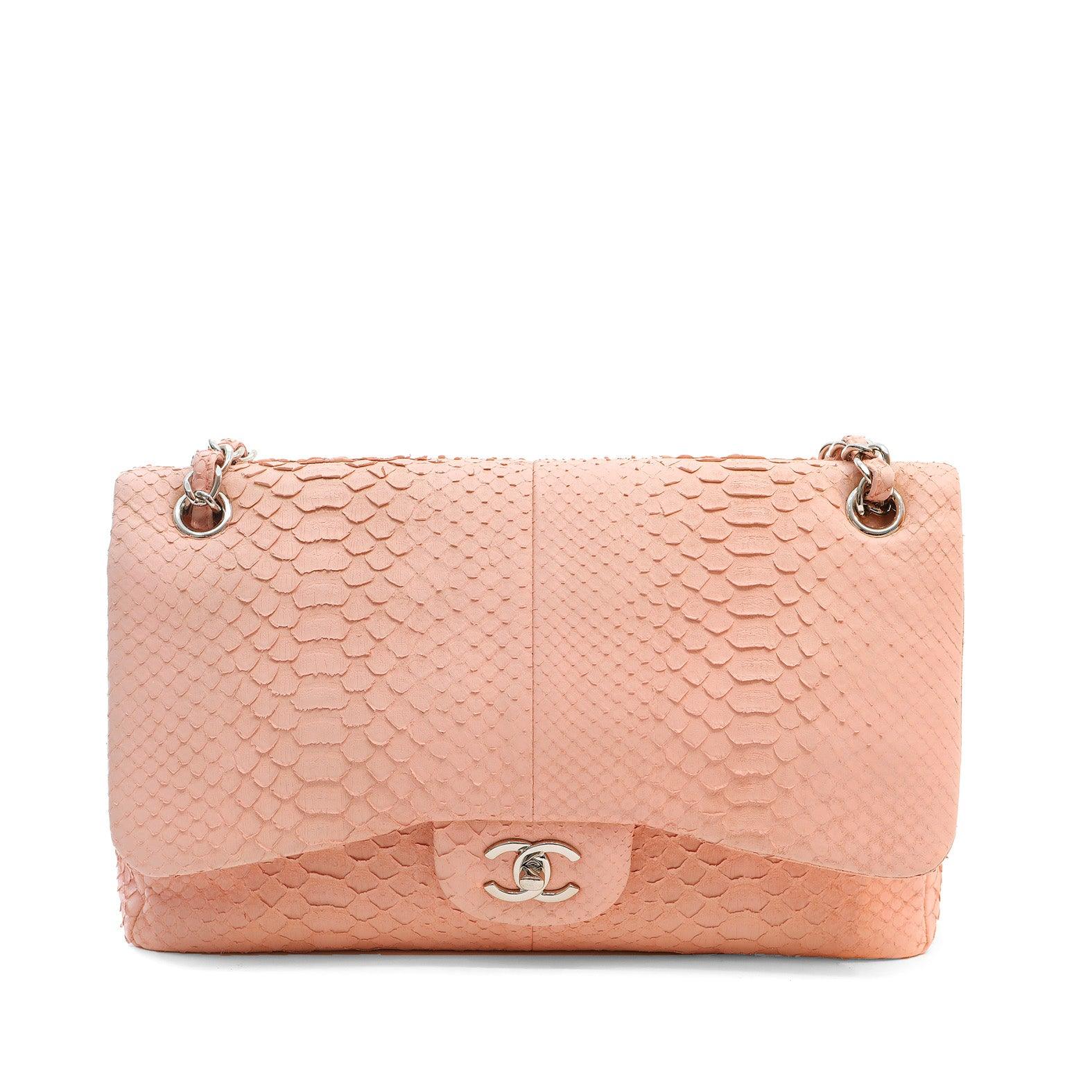 Get your hands on this stunning Chanel Bubblegum Pink Python Jumbo Classic  handbag with Silver Hardware – Only Authentics
