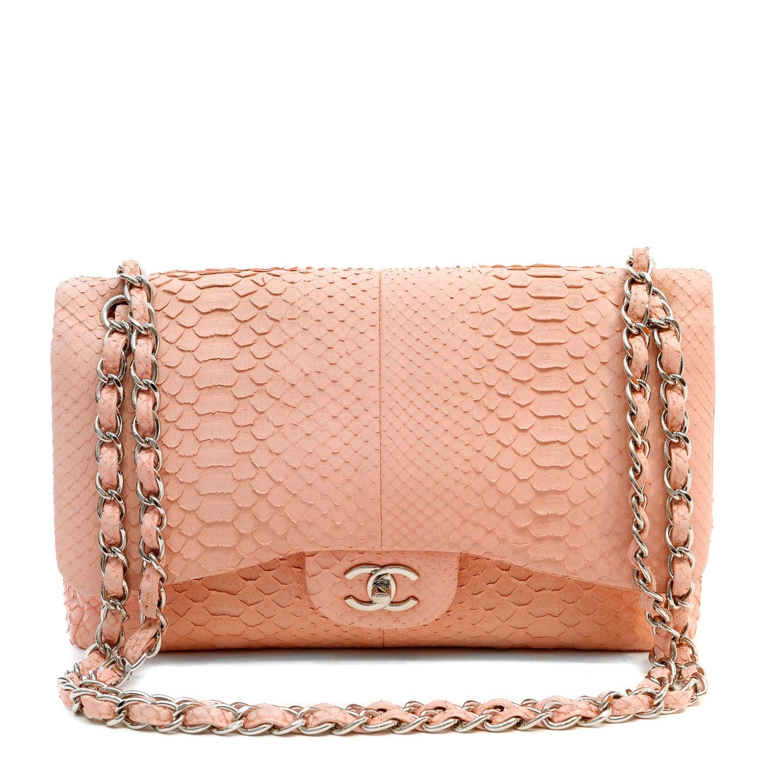 Get your hands on this stunning Chanel Bubblegum Pink Python Jumbo Classic  handbag with Silver Hardware – Only Authentics