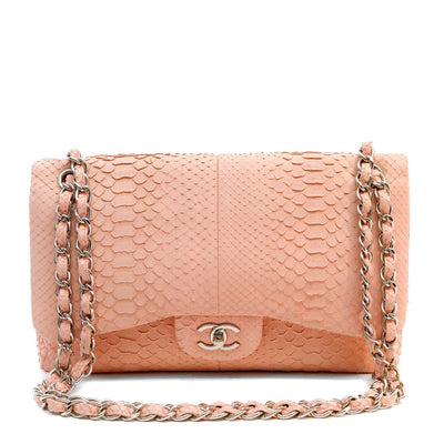 Chanel Bubblegum Pink Python Jumbo Classic w/ Silver Hardware - Only Authentics