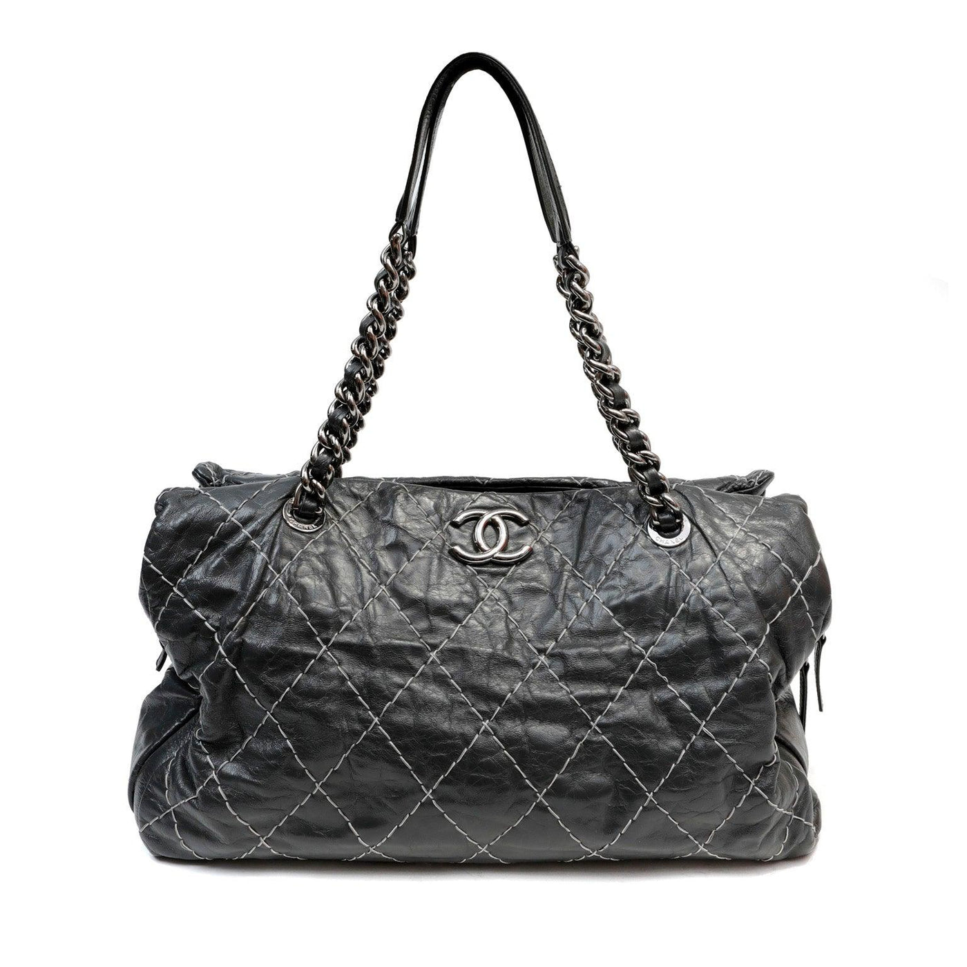 Chanel Slate Topstitched Distressed Leather Large Tote - Only Authentics