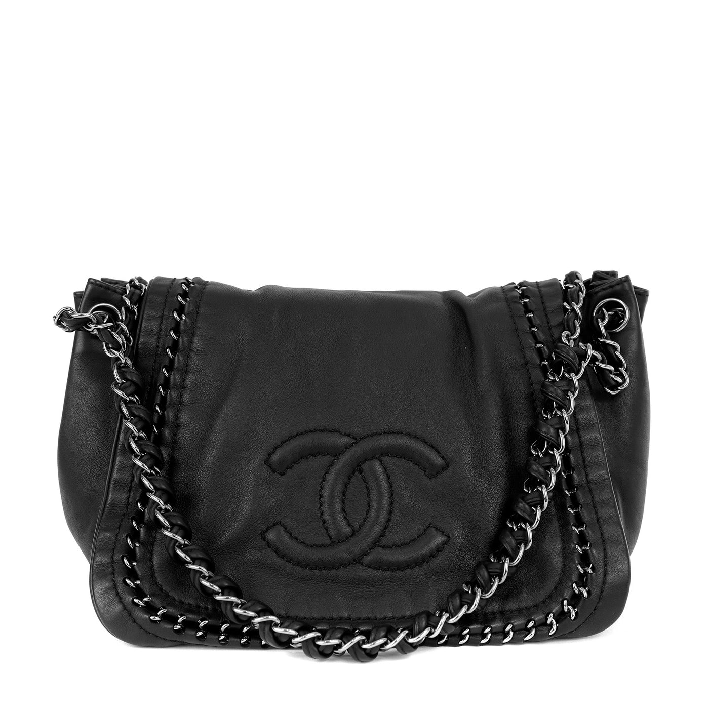 Chanel Black Lambskin Flap Bag with All Around Silver Chain