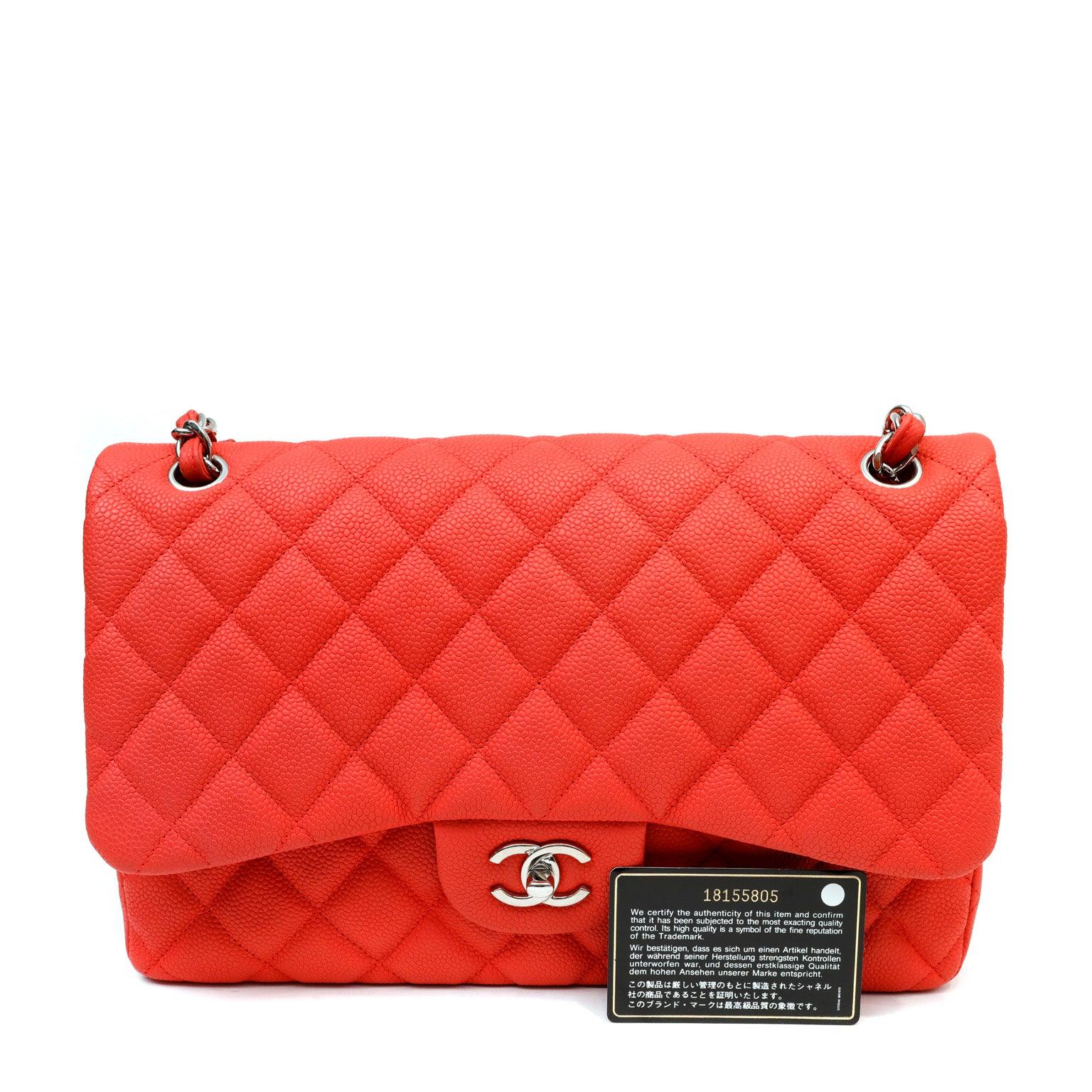 Chanel Classic Double Flap Quilted Caviar Silver-tone Jumbo Dark Red - DE
