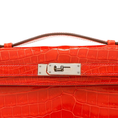 Hermès Vivid Red Crocodile Porosus Kelly Cut Clutch with Palladium Hardware - Only Authentics