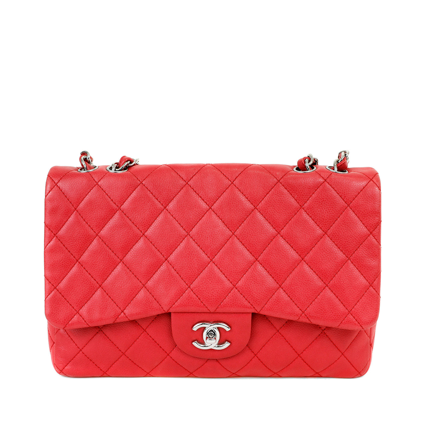 Chanel Red Lipstick Calfskin Single Flap Jumbo Classic with Silver Hardware
