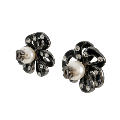 Chanel Gunmetal Camellia Pearl CC Earrings