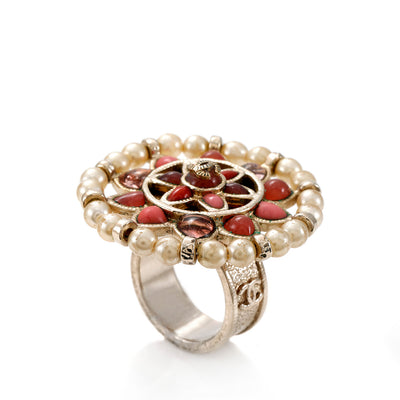 Chanel Large Crystal Flower Ring w/ CC Sz 5