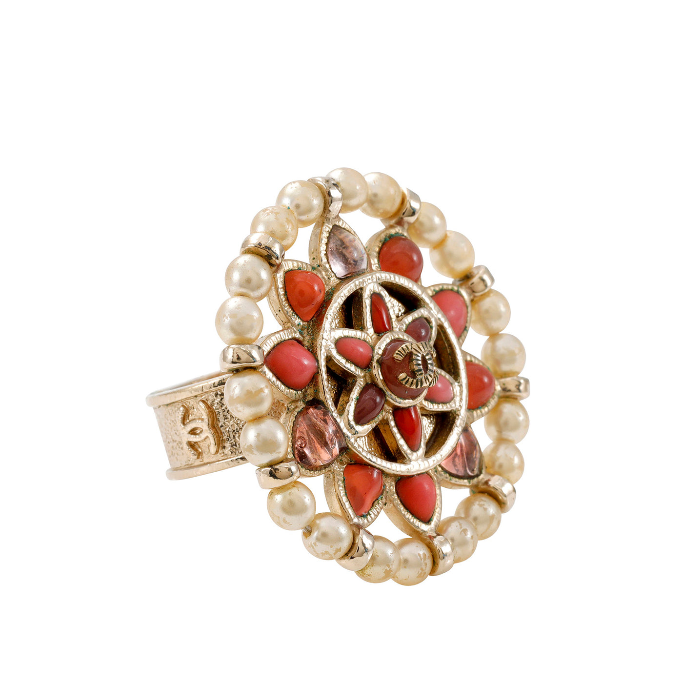 Chanel Large Crystal Flower Ring w/ CC Sz 5