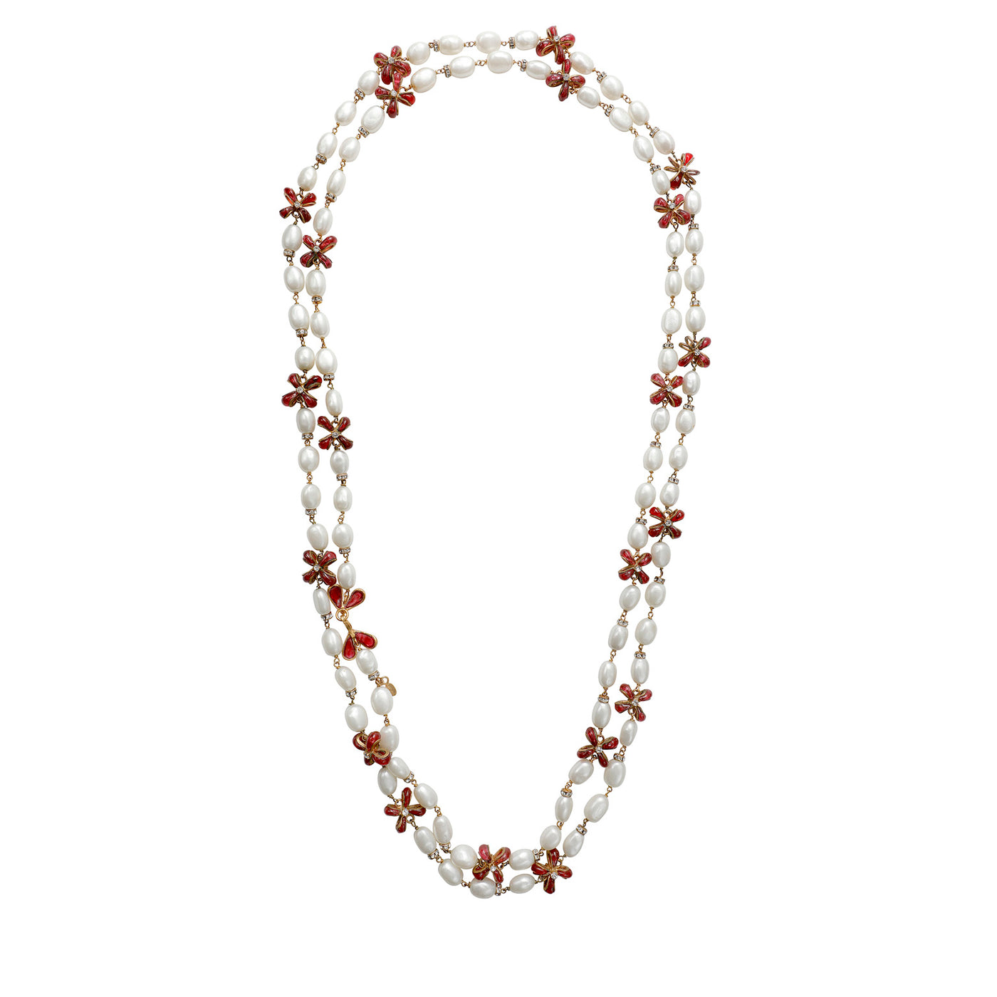 Chanel Pearl & Red Borquoix Flowers Necklace