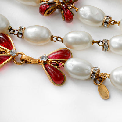 Chanel Pearl & Red Borquoix Flowers Necklace