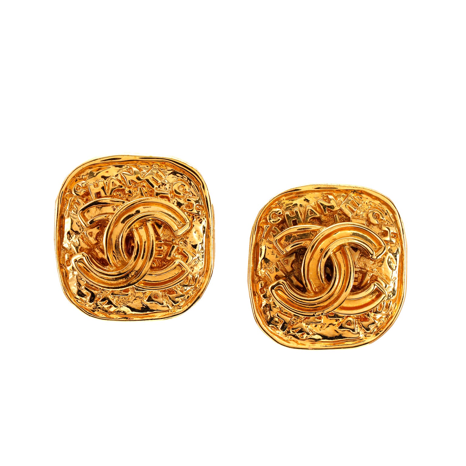 Chanel Hammered Gold Square CC Earrings w/ CC – Only Authentics