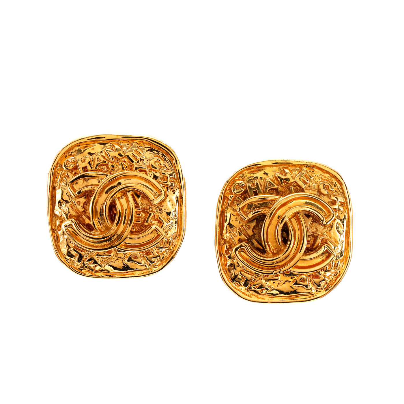 Chanel Hammered Gold Square CC Earrings w/ CC
