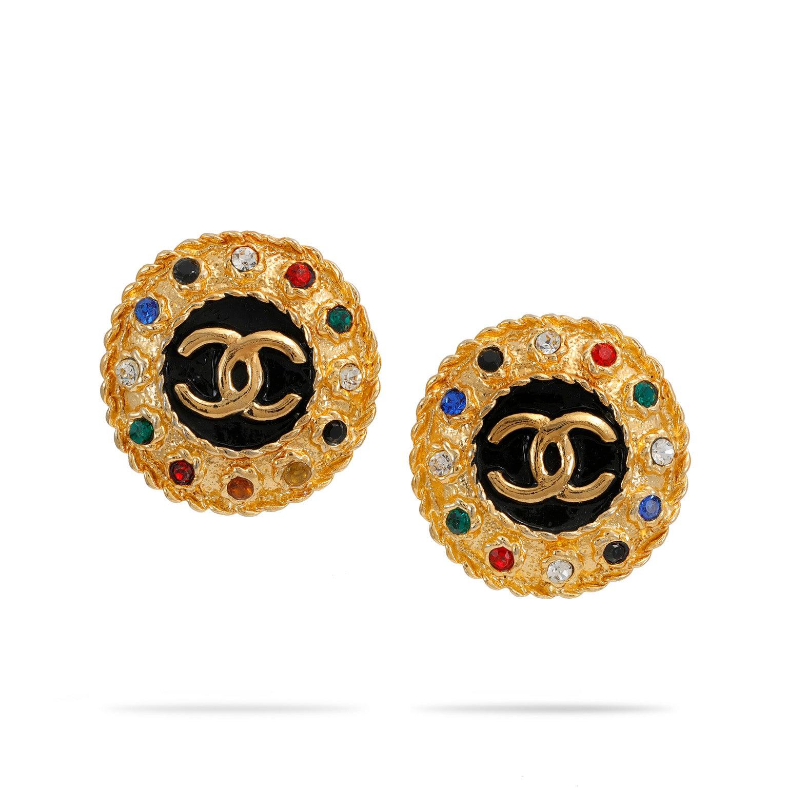 Chanel Black Enamel and Rhinestone CC Button Earrings - Only Authentics