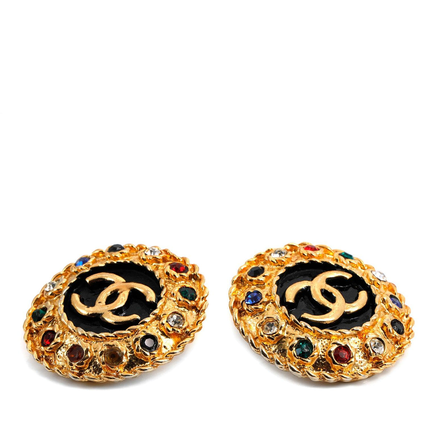 Chanel Black Enamel and Rhinestone CC Button Earrings - Only Authentics