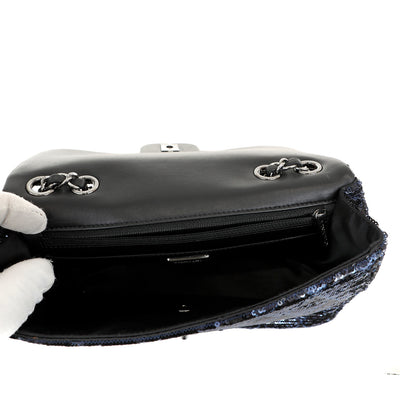 Chanel Black/Navy Sequin Classic Flap Bag w/ Silver Hardware