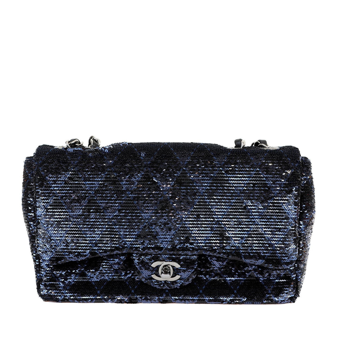 Chanel Black/Navy Sequin Classic Flap Bag w/ Silver Hardware