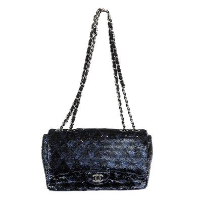 Chanel Black/Navy Sequin Classic Flap Bag w/ Silver Hardware