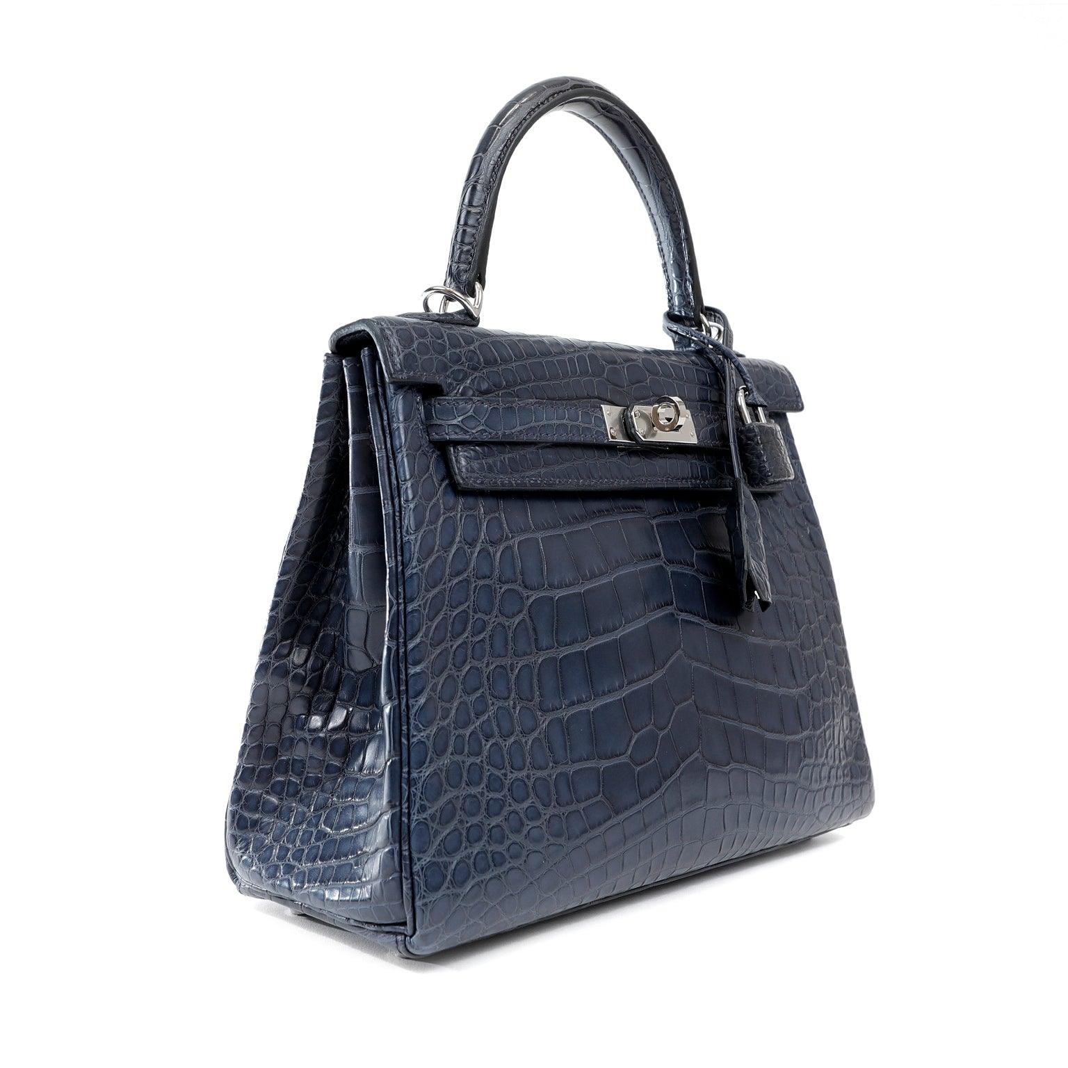 Hermès 25cm Navy Crocodile Kelly w/ Palladium Hardware - Only Authentics
