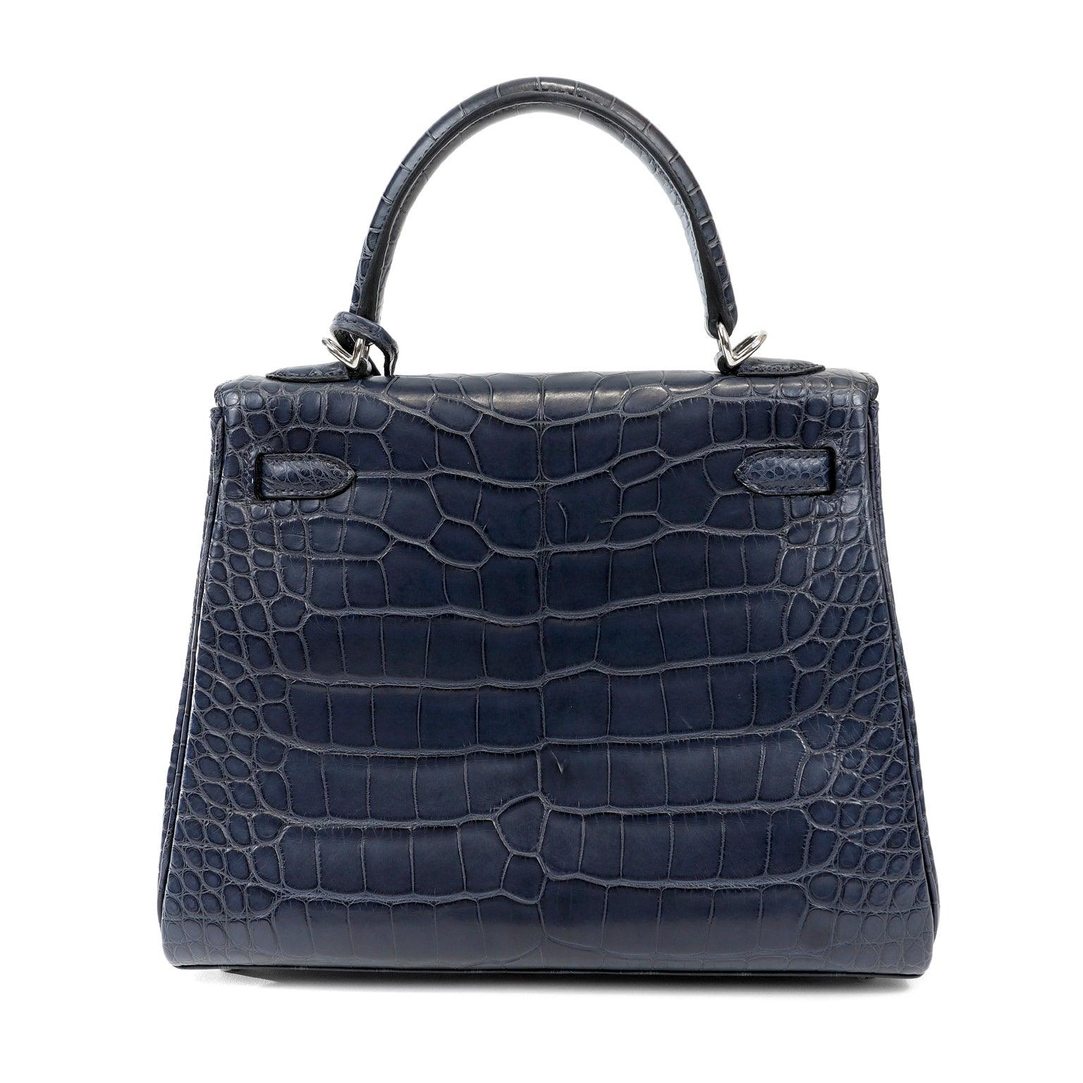 Hermès 25cm Navy Crocodile Kelly w/ Palladium Hardware - Only Authentics