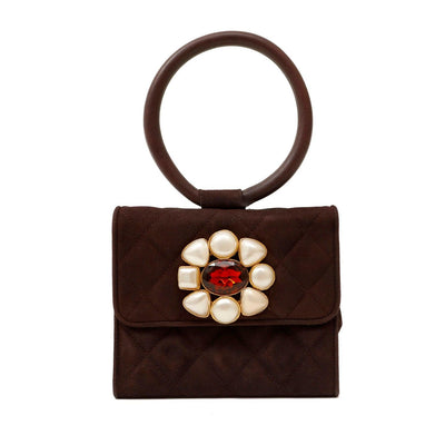 Chanel Dark Brown Suede Evening Bag w/ Gripoix Brooch - Only Authentics
