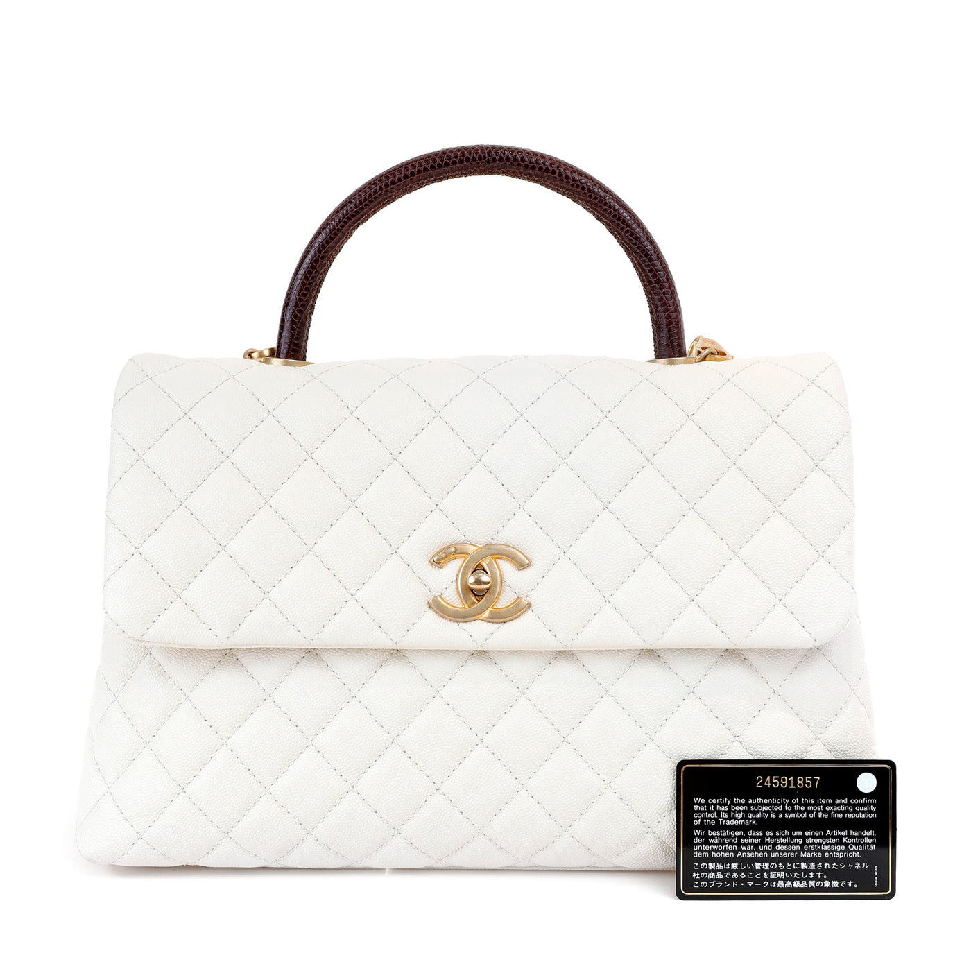 Chanel White Caviar Coco Bag w/ Lizard Skin Handle & Gold Hardware