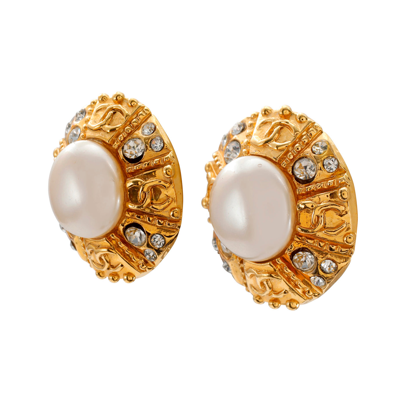 Chanel Large Gold Pearl and Crystal CC Earrings