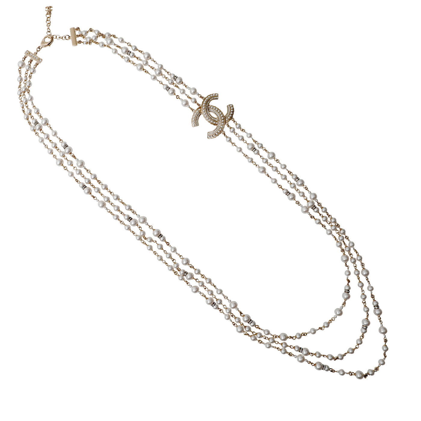 Chanel Pearl and Rhinestone Triple Strand CC Runway 2000 Necklace