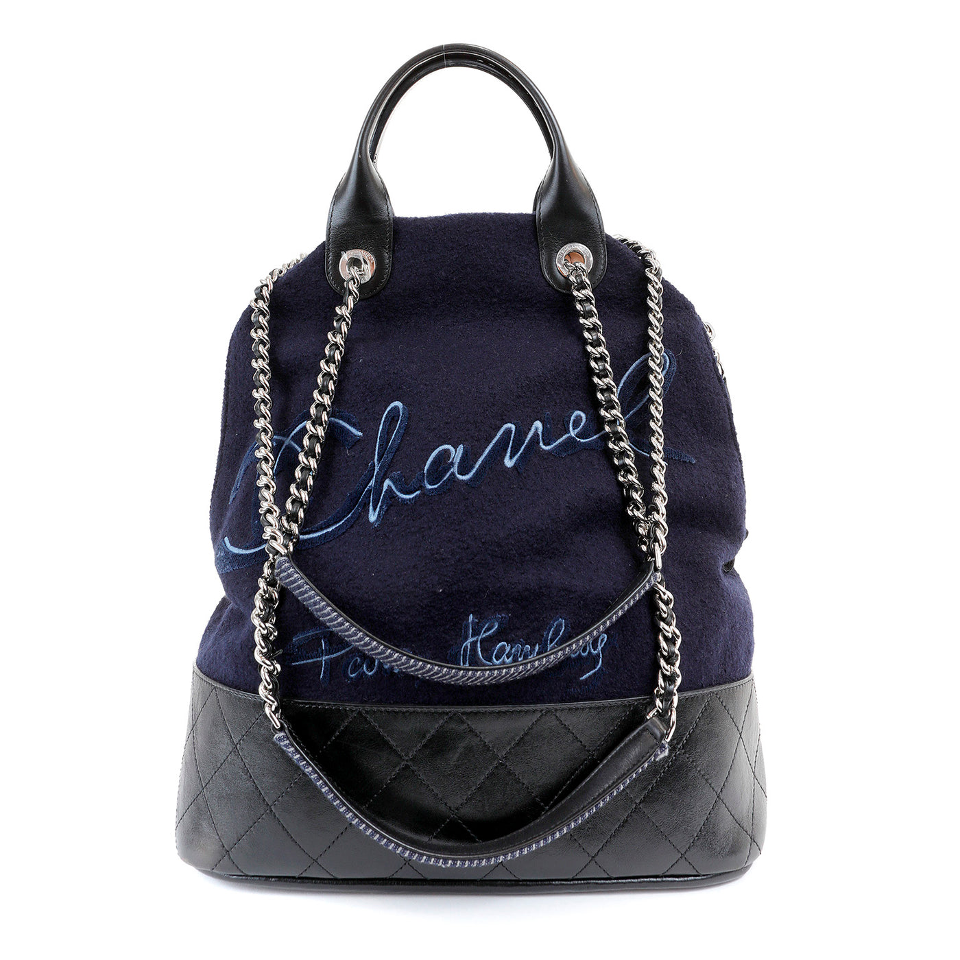 Chanel Navy Blue Felt Bowler Bag w/ CC Embroidery