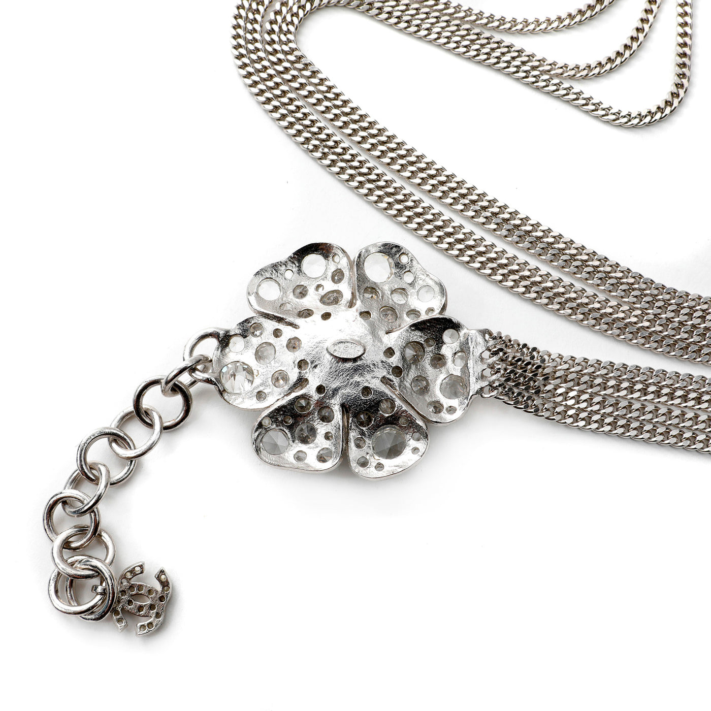 Chanel Silver Multi-Chain Crystal Camellia Necklace