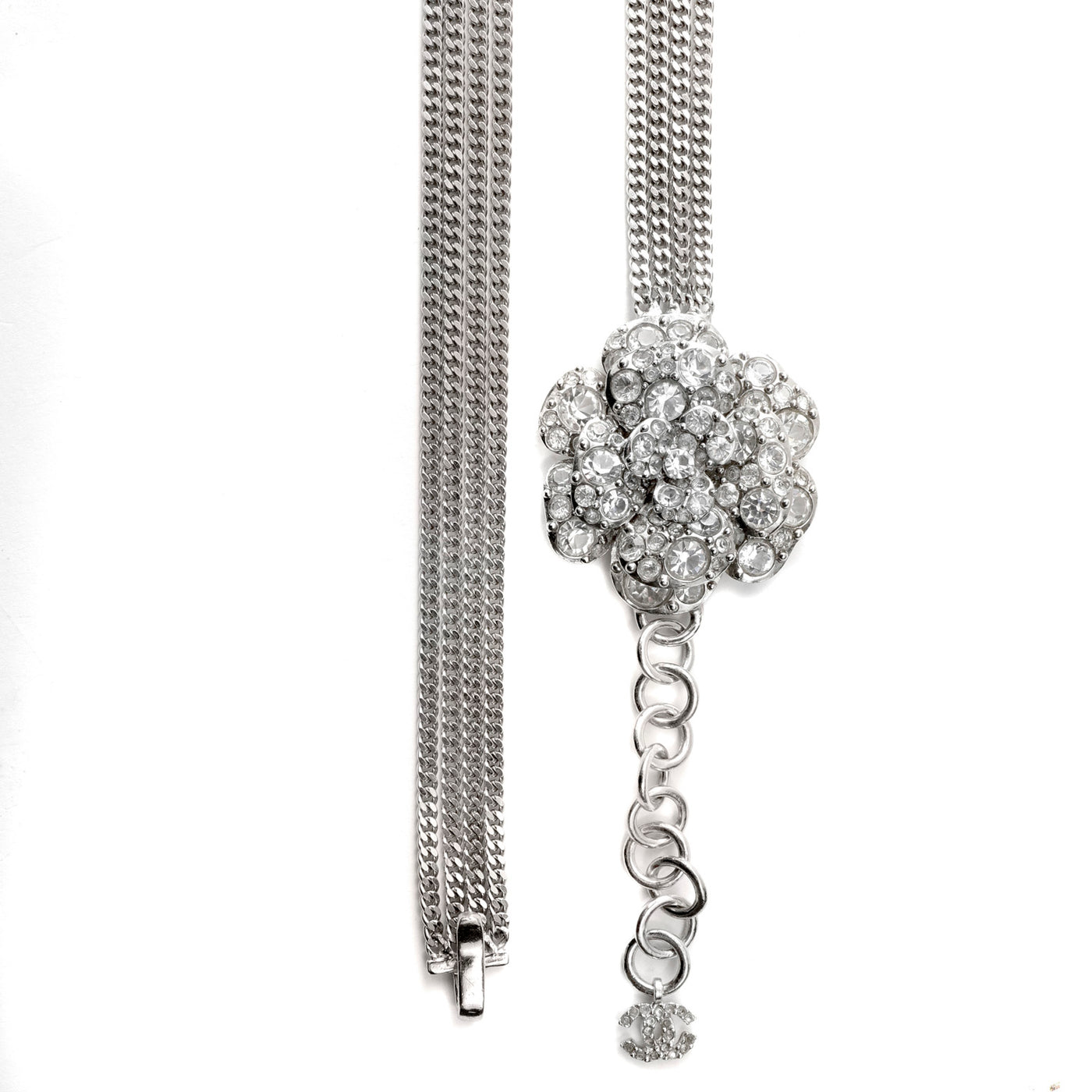 Chanel Silver Multi-Chain Crystal Camellia Necklace