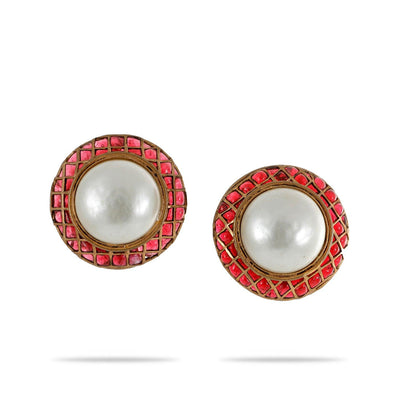 Chanel Gold Pearl and Red Gripoix Earrings - Only Authentics