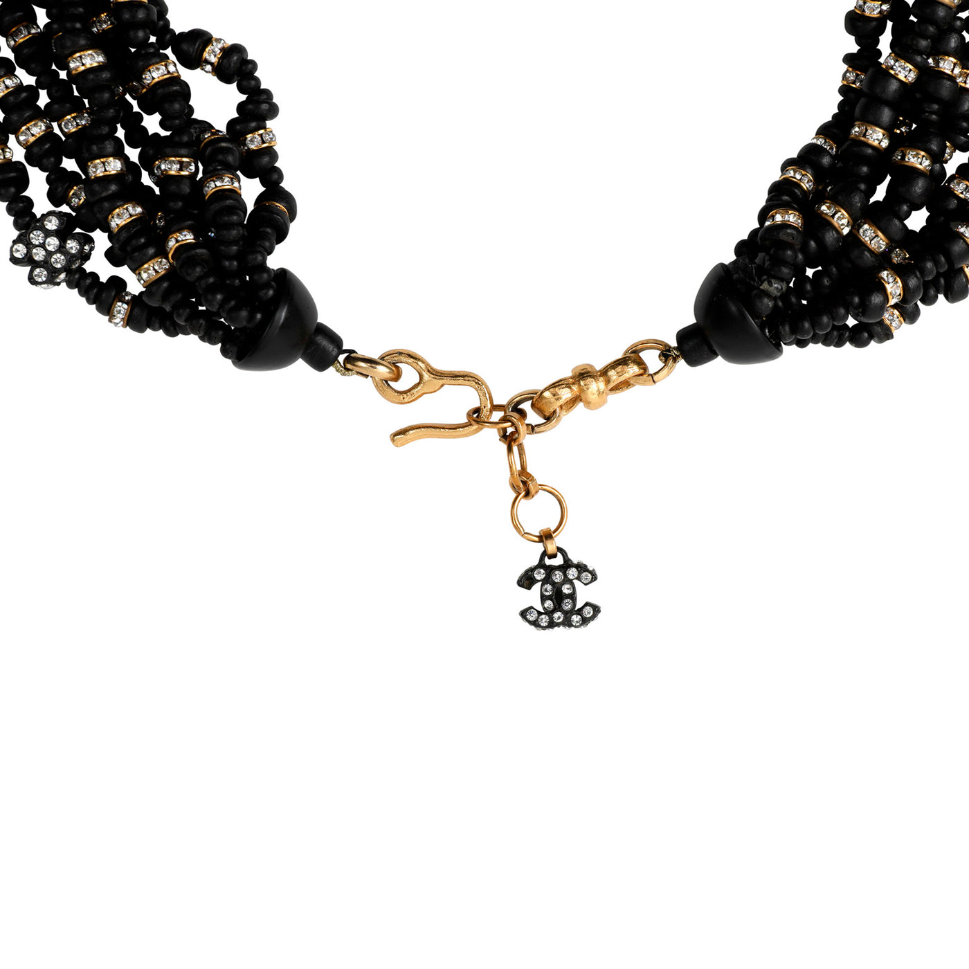 Chanel Vintage Black Beaded Runway Necklace with CC Charms 1980