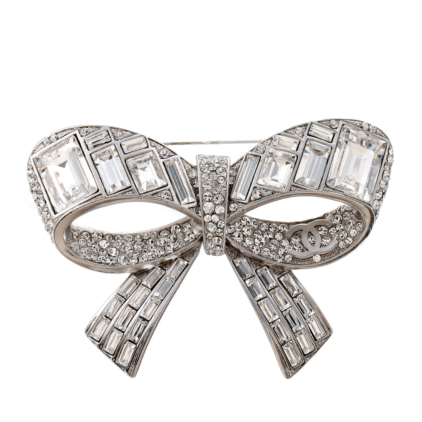 Chanel Silver Crystal Bow Brooch