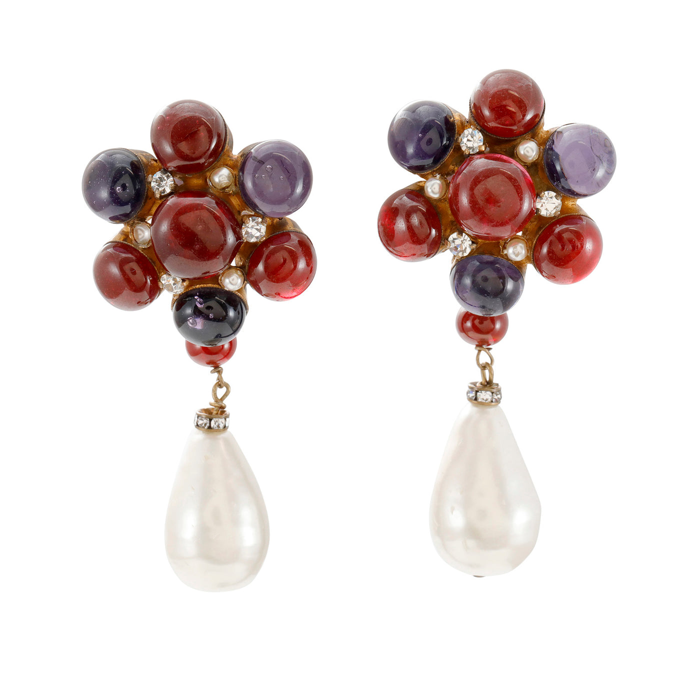 Chanel Red & Purple Gripoix & Large Pearl Dangle Earrings