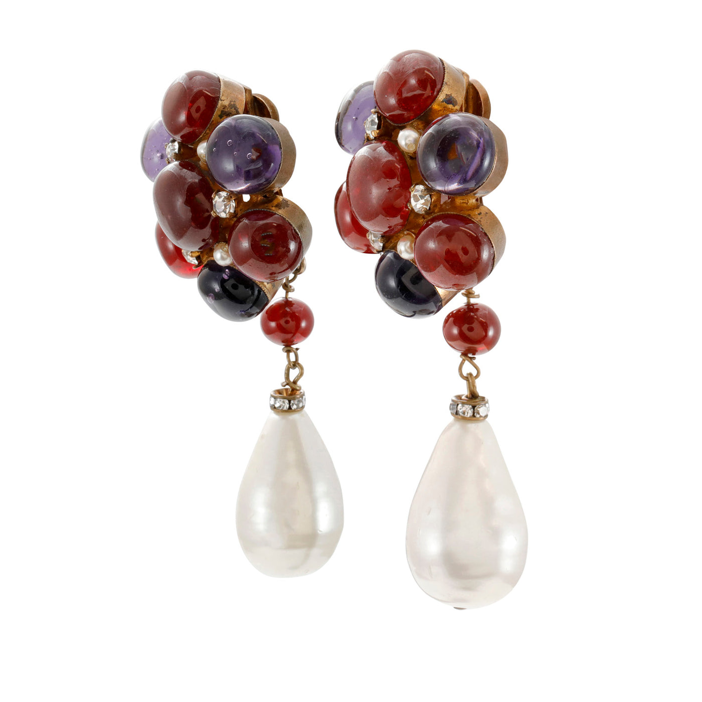 Chanel Red & Purple Gripoix & Large Pearl Dangle Earrings