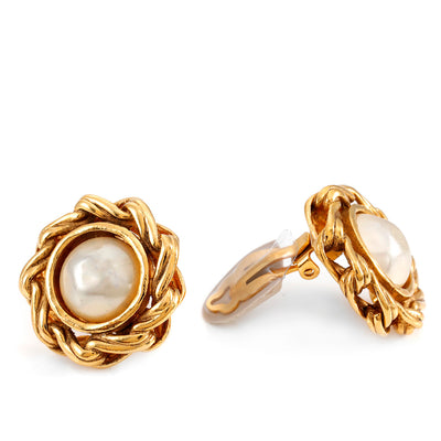 Chanel Vintage Pearl with Gold Swirl Surround Earrings