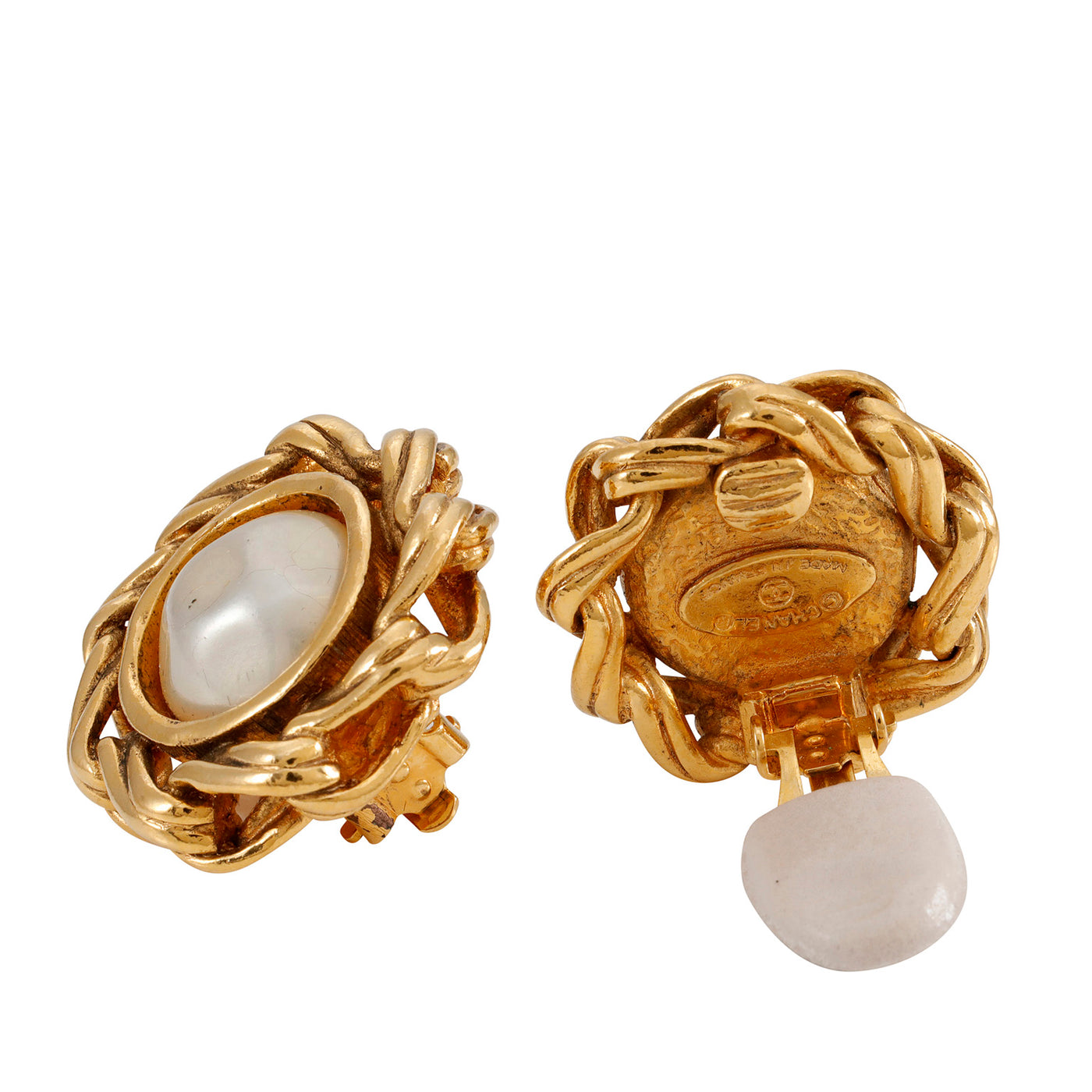 Chanel Vintage Pearl with Gold Swirl Surround Earrings