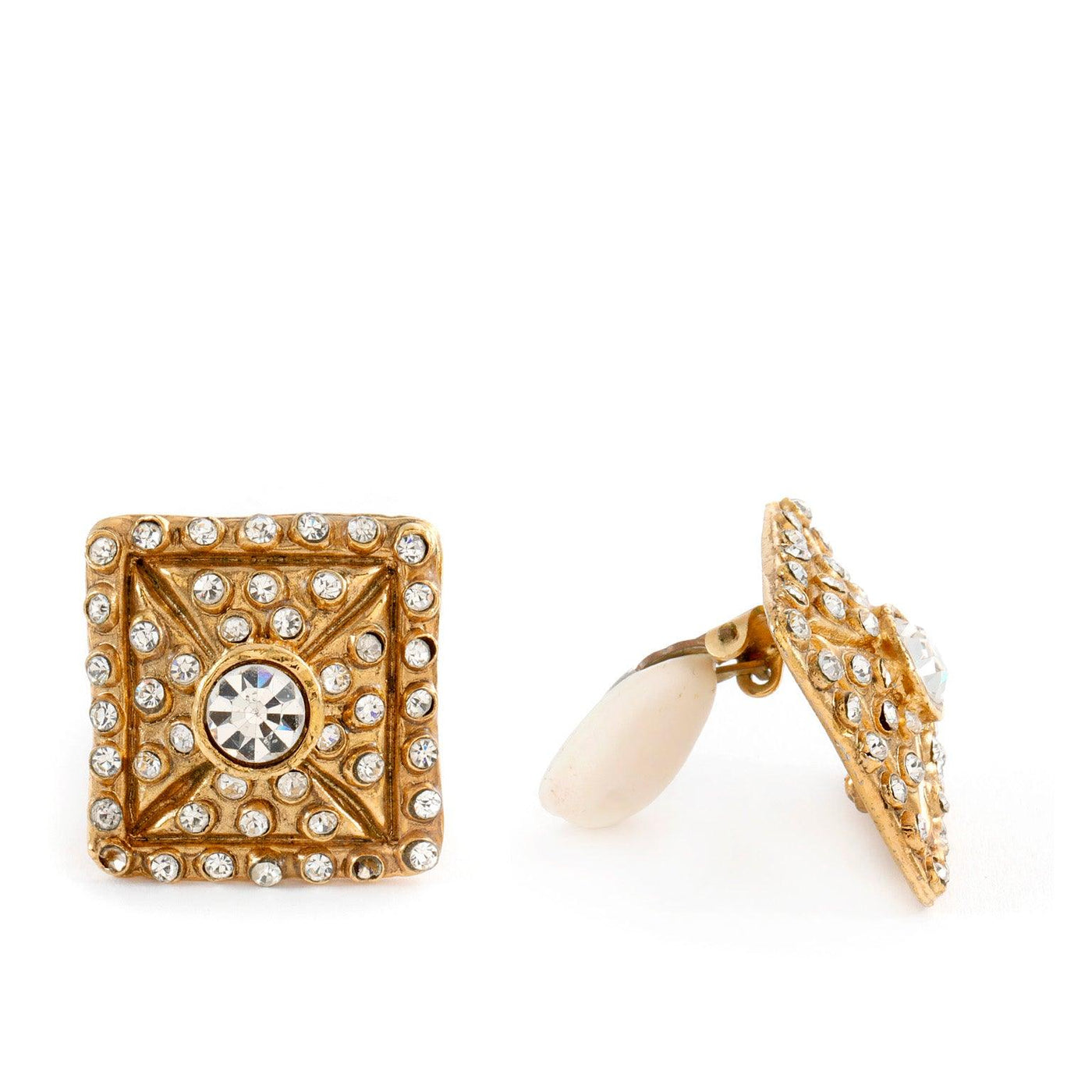 Chanel Gold Square Crystal Earrings - Only Authentics