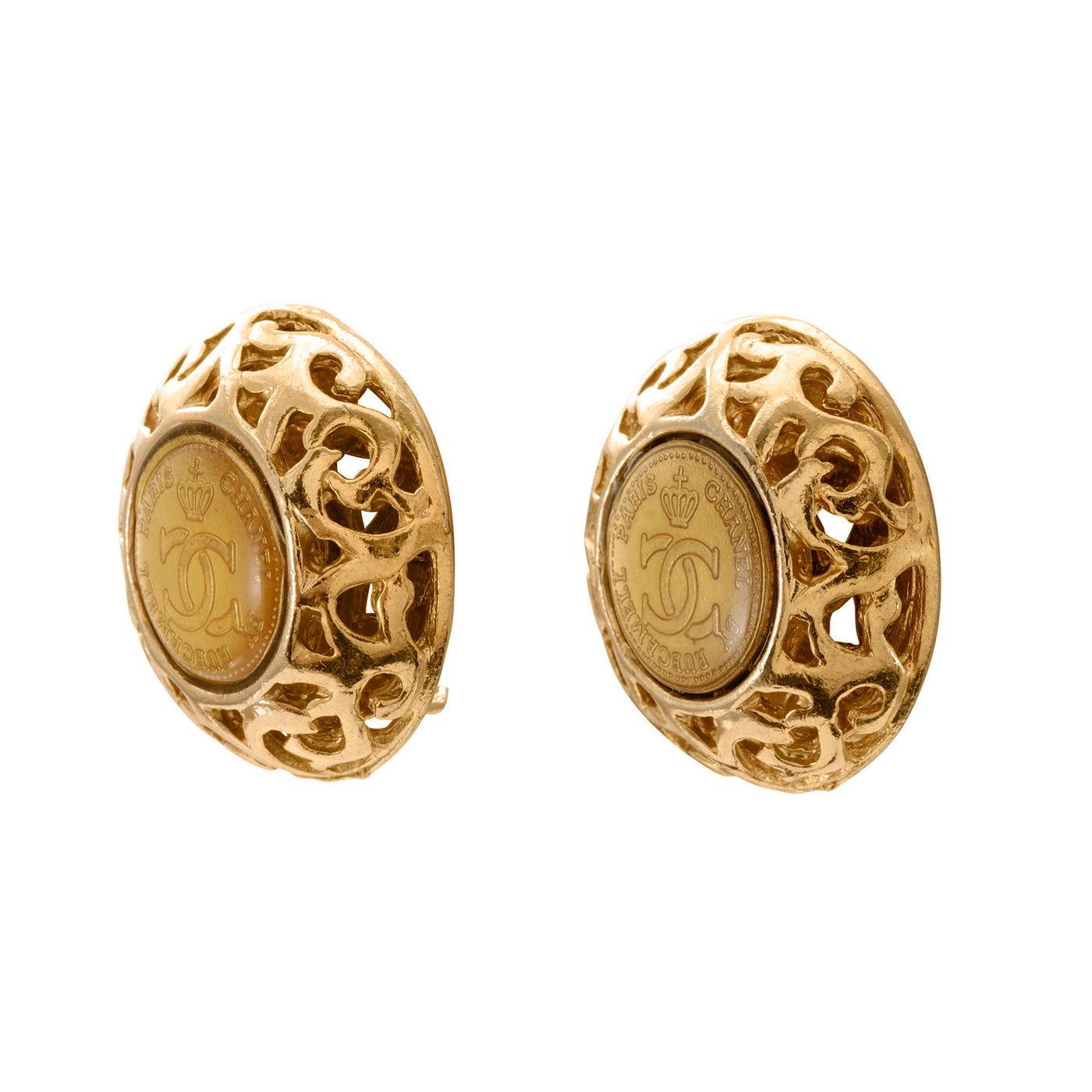 Chanel Crown Coin  CC in Resin w/ Gold Pattern Earrings