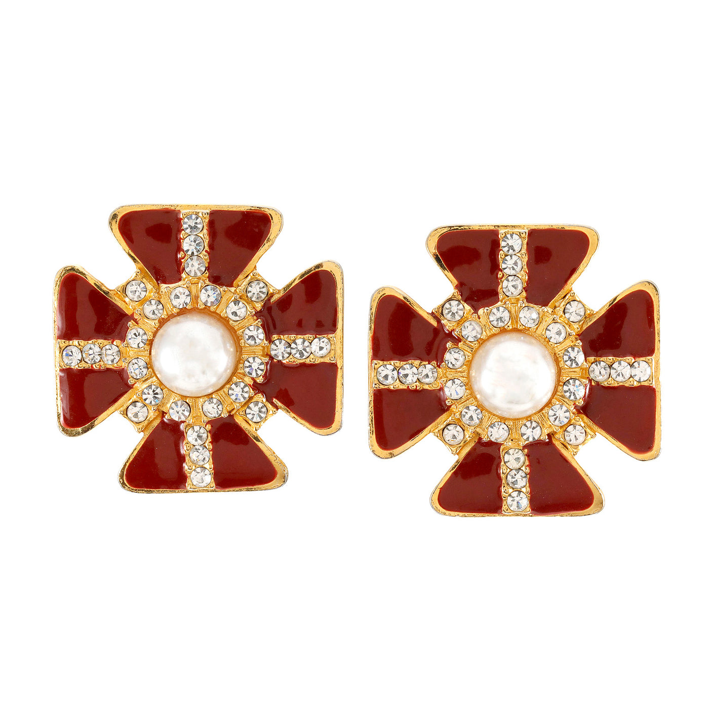 Chanel Vintage Red Enamel and Pearl Crystal  Bow Earrings
