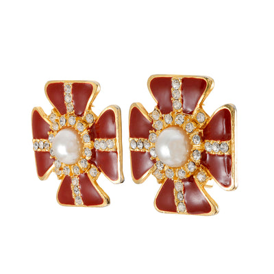 Chanel Vintage Red Enamel and Pearl Crystal  Bow Earrings