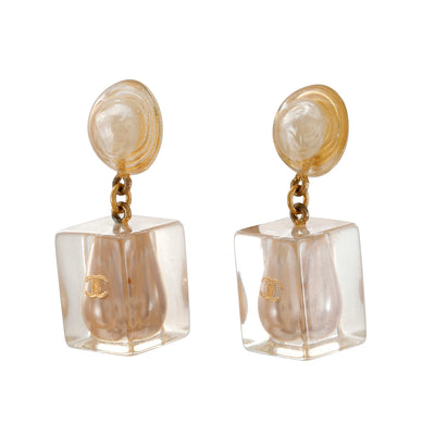Chanel Clear Resin Large Pearl Drop CC Earrings