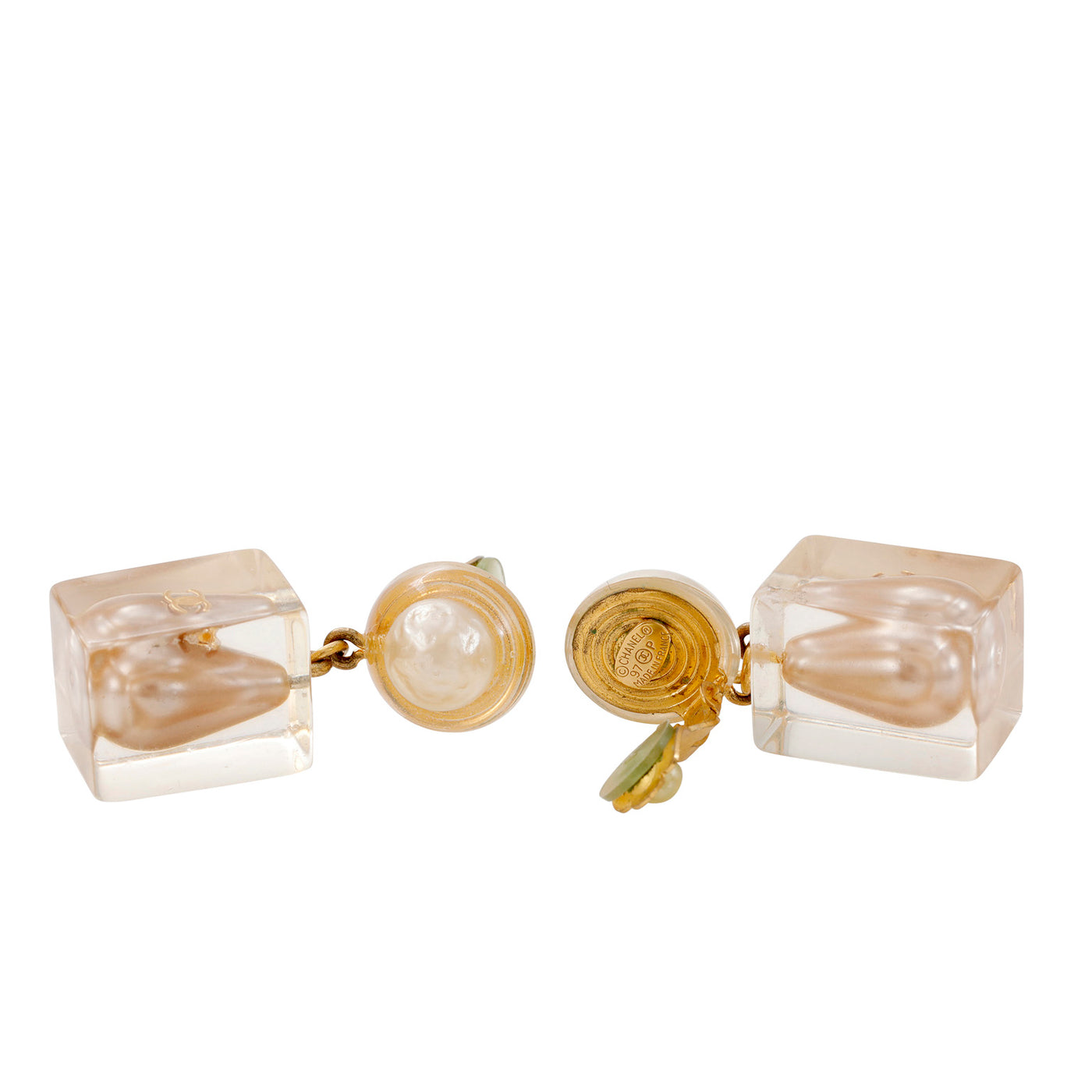 Chanel Clear Resin Large Pearl Drop CC Earrings